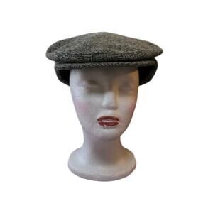 Vtg Harris Tweed Hat Wool Cap Beret Herringbone Brown